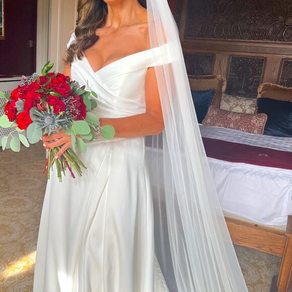 Maggie Sottero Wedding Dress Size 10- Felicity Satin w/Train/ Portrait Neckline - Picture 1 of 8